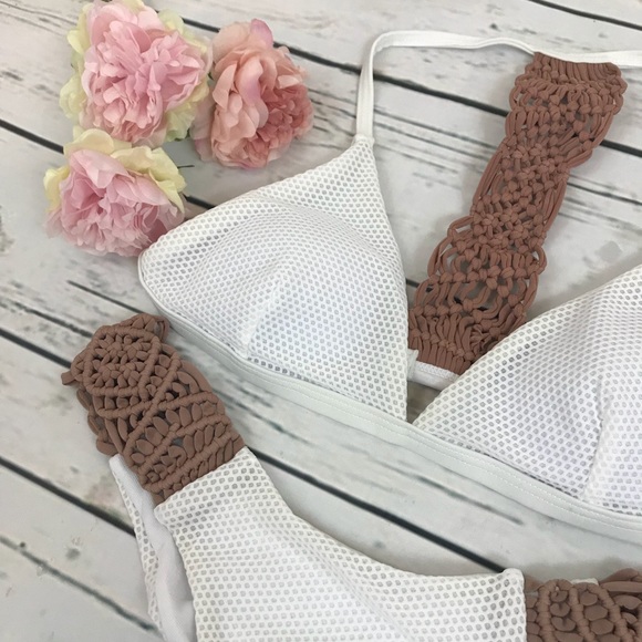 Boho White Knit Braided Crochet Brazilian Bikini - Picture 11 of 15